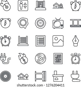 Thin Line Icon Set - elevator vector, alarm clock, abacus, stamp, fireplace, film frame, vinyl, flame disk, gallery, ink pen, house with tree, tv, power plug