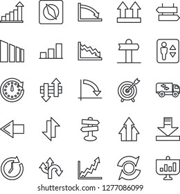 Thin Line Icon Set - elevator vector, signpost, left arrow, growth statistic, crisis graph, route, up side sign, sorting, data exchange, download, compass, update, bar, moving, target, clock