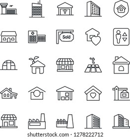 Thin Line Icon Set - elevator vector, airport building, office, house, greenhouse, hospital, store, warehouse storage, with garage, sold signboard, sweet home, city, crane, factory, estate insurance