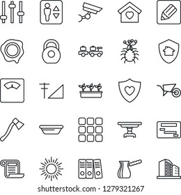 Thin Line Icon Set - elevator vector, baggage larry, sun, stamp, wheelbarrow, seedling, axe, scales, heart shield, virus, heavy, menu, tuning, notes, cellular signal, paper binder, table, sweet home