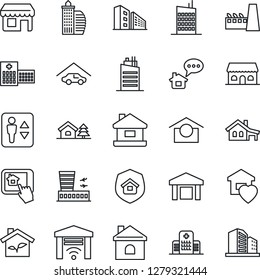 Thin Line Icon Set - elevator vector, airport building, house, hospital, warehouse storage, with garage, tree, office, sweet home, city, factory, estate insurance, cafe, eco, control app, gate