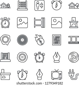 Thin Line Icon Set - elevator vector, alarm clock, tv, abacus, stamp, fireplace, film frame, vinyl, flame disk, gallery, ink pen, house with tree, power plug