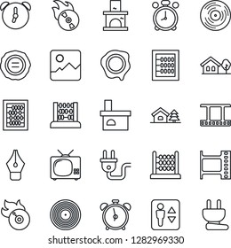 Thin Line Icon Set - elevator vector, alarm clock, abacus, stamp, fireplace, film frame, vinyl, flame disk, gallery, ink pen, house with tree, tv, power plug