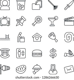 Thin Line Icon Set - elevator vector, trash bin, baby room, wind, dollar sign, rake, heart diagnostic, folder document, clapboard, tv, paper pin, face id, pool, children, sweet home, cocktail, steak