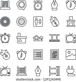 Thin Line Icon Set - elevator vector, alarm clock, tv, abacus, stamp, fireplace, film frame, vinyl, flame disk, gallery, ink pen, house with tree, power plug