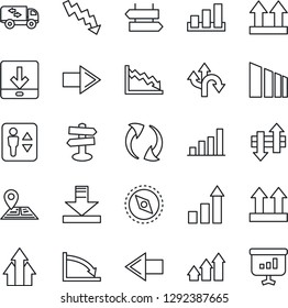 Thin Line Icon Set - elevator vector, signpost, right arrow, left, growth statistic, crisis graph, route, navigation, up side sign, sorting, update, data exchange, download, compass, bar, moving