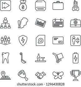 Thin Line Icon Set - elevator vector, hierarchy, case, butterfly, doctor, caries, navigation, office phone, term, cargo, barcode, mail, fast forward, hdmi, protect, charge, document search, company
