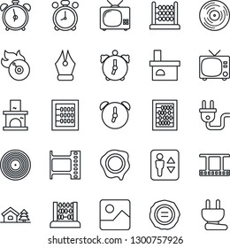 Thin Line Icon Set - elevator vector, alarm clock, tv, abacus, stamp, fireplace, film frame, vinyl, flame disk, gallery, ink pen, house with tree, power plug