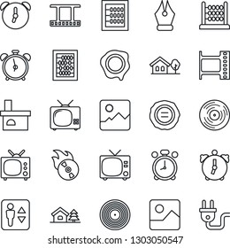 Thin Line Icon Set - elevator vector, alarm clock, tv, abacus, stamp, fireplace, film frame, vinyl, flame disk, gallery, ink pen, house with tree, power plug