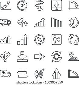 Thin Line Icon Set - elevator vector, signpost, right arrow, growth statistic, crisis graph, route, navigation, sorting, update, download, compass, moving, target, up, clock