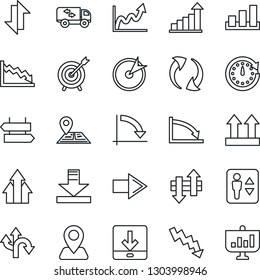 Thin Line Icon Set - elevator vector, signpost, right arrow, growth statistic, crisis graph, route, navigation, up side sign, sorting, update, data exchange, download, moving, target, clock