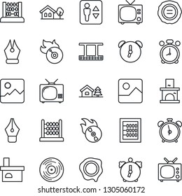 Thin Line Icon Set - elevator vector, alarm clock, tv, abacus, stamp, fireplace, film frame, vinyl, flame disk, gallery, ink pen, house with tree