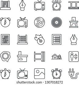 Thin Line Icon Set - elevator vector, alarm clock, tv, abacus, stamp, fireplace, film frame, vinyl, flame disk, gallery, ink pen, house with tree, power plug