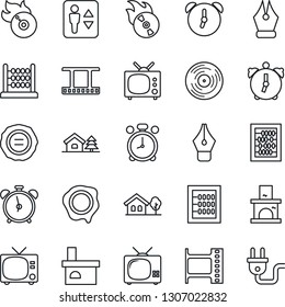 Thin Line Icon Set - elevator vector, alarm clock, tv, abacus, stamp, fireplace, film frame, vinyl, flame disk, ink pen, house with tree, power plug