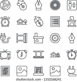 Thin Line Icon Set - elevator vector, alarm clock, tv, abacus, stamp, fireplace, film frame, vinyl, flame disk, gallery, ink pen, house with tree, power plug
