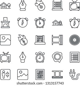 Thin Line Icon Set - elevator vector, alarm clock, abacus, stamp, fireplace, film frame, vinyl, flame disk, gallery, ink pen, house with tree, tv, power plug
