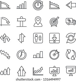 Thin Line Icon Set - elevator vector, left arrow, crisis graph, route, signpost, navigation, update, data exchange, download, bar, moving, target, up, clock, growth, presentation