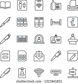 Thin Line Icon Set - elevator vector, reception, identity card, book, pen, document, office phone, barcode, mail, sim, notes, wireless, paper binder, tray, bedroom, reserved, information, pass