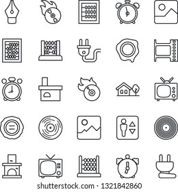 Thin Line Icon Set - elevator vector, alarm clock, tv, abacus, stamp, fireplace, film frame, vinyl, flame disk, gallery, ink pen, house with tree, power plug