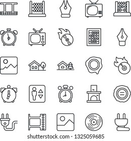 Thin Line Icon Set - elevator vector, alarm clock, abacus, stamp, fireplace, film frame, vinyl, flame disk, gallery, ink pen, house with tree, tv, power plug