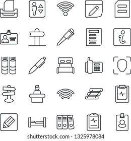 Thin Line Icon Set - elevator vector, reception, identity card, book, pen, document, pulse clipboard, signpost, office phone, notes, wireless, face id, paper binder, tray, bedroom, information, pass