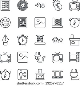 Thin Line Icon Set - elevator vector, alarm clock, tv, abacus, stamp, fireplace, film frame, vinyl, flame disk, gallery, ink pen, house with tree, power plug