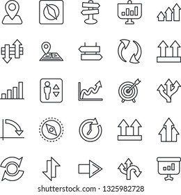Thin Line Icon Set - elevator vector, signpost, right arrow, crisis graph, route, navigation, up side sign, update, data exchange, compass, bar, target, clock, growth, presentation