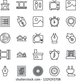 Thin Line Icon Set - elevator vector, alarm clock, tv, abacus, stamp, fireplace, film frame, vinyl, flame disk, gallery, ink pen, house with tree, power plug