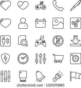 Thin Line Icon Set - elevator vector, no mobile, heart, gamepad, settings, call, camera, gallery, protect, tuning, user, bell, download, torch, cut, clock, document search, pen, usb flash, battery