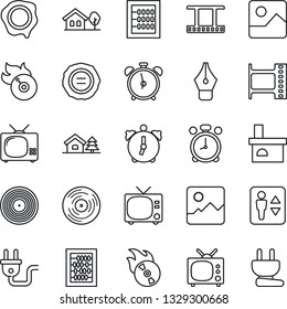 Thin Line Icon Set - elevator vector, alarm clock, tv, abacus, stamp, fireplace, film frame, vinyl, flame disk, gallery, ink pen, house with tree, power plug