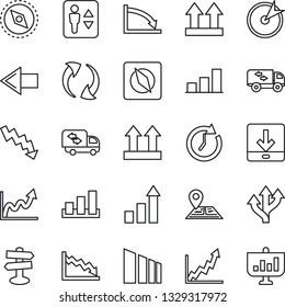 Thin Line Icon Set - elevator vector, left arrow, growth statistic, crisis graph, route, signpost, navigation, up side sign, sorting, update, download, compass, bar, moving, target, clock