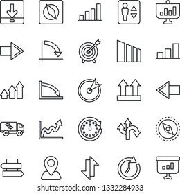 Thin Line Icon Set - elevator vector, signpost, right arrow, left, crisis graph, route, navigation, up side sign, sorting, data exchange, download, compass, bar, moving, target, clock, growth