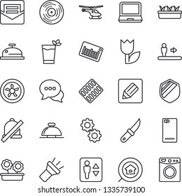 Thin Line Icon Set - elevator vector, escalator, reception bell, helicopter, seedling, garden knife, pills blister, tulip, shield, barcode, vinyl, dialog, laptop pc, phone back, mail, notes, torch