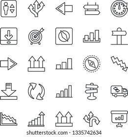 Thin Line Icon Set - elevator vector, signpost, right arrow, left, growth statistic, crisis graph, route, up side sign, sorting, update, download, compass, bar, moving, target, clock, presentation