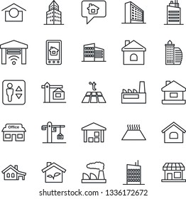 Thin Line Icon Set - elevator vector, office building, factory, house, store, warehouse storage, with garage, city, crane, eco, home control app, warm floor, gate, message, storefront