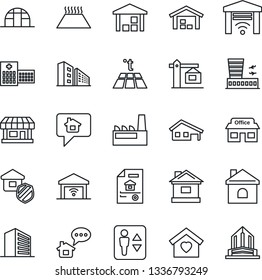 Thin Line Icon Set - elevator vector, airport building, office, house, greenhouse, hospital, store, warehouse, with garage, estate document, sweet home, crane, factory, insurance, warm floor