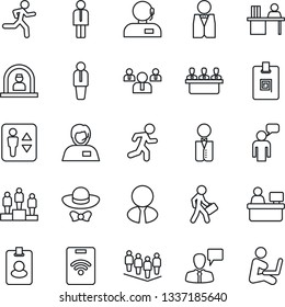 Thin Line Icon Set - elevator vector, reception, manager, speaking man, pedestal, team, place, run, support, identity card, desk, meeting, estate agent, waiter, dress code, pass, with notebook