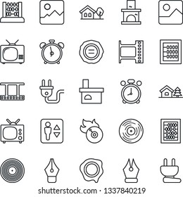 Thin Line Icon Set - elevator vector, alarm clock, abacus, stamp, fireplace, film frame, vinyl, flame disk, gallery, ink pen, house with tree, tv, power plug