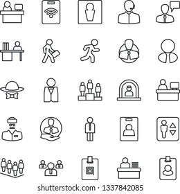 Thin Line Icon Set - elevator vector, male, reception, manager, speaking man, pedestal, team, place, run, doctor, client, identity card, support, desk, estate agent, waiter, dress code, pass