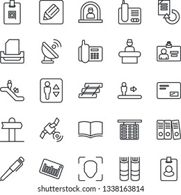 Thin Line Icon Set - elevator vector, escalator, reception, flight table, identity card, book, document reload, signpost, office phone, barcode, satellite antenna, radio, mail, notes, face id, tray