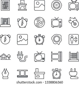 Thin Line Icon Set - elevator vector, alarm clock, tv, abacus, stamp, fireplace, film frame, vinyl, flame disk, gallery, ink pen, house with tree, power plug