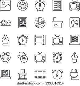 Thin Line Icon Set - elevator vector, alarm clock, tv, abacus, stamp, fireplace, film frame, vinyl, flame disk, gallery, ink pen, house with tree, power plug