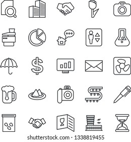 Thin Line Icon Set - elevator vector, airport building, handshake, mail, dollar sign, pen, statistic monitor, seeds, drip irrigation, umbrella, tulip, camera, office, pie graph, document search, fan