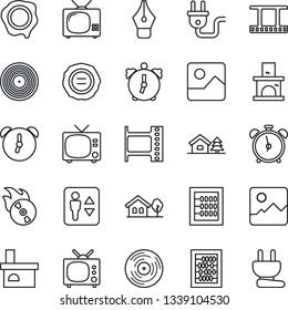 Thin Line Icon Set - elevator vector, alarm clock, tv, abacus, stamp, fireplace, film frame, vinyl, flame disk, gallery, ink pen, house with tree, power plug