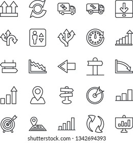 Thin Line Icon Set - elevator vector, signpost, left arrow, growth statistic, route, navigation, up side sign, update, download, bar graph, moving, target, clock, crisis, presentation