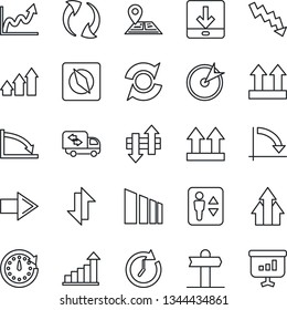 Thin Line Icon Set - elevator vector, right arrow, growth statistic, crisis graph, signpost, navigation, up side sign, sorting, update, data exchange, download, compass, moving, target, clock