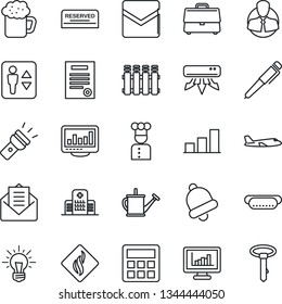 Thin Line Icon Set - elevator vector, plane, watering can, hospital, client, mail, calculator, bell, torch, case, monitor statistics, bar graph, contract, pen, air conditioner, cook, reserved, beer