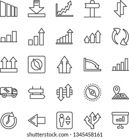 Thin Line Icon Set - elevator vector, signpost, left arrow, growth statistic, route, navigation, up side sign, sorting, update, data exchange, download, compass, bar graph, moving, clock, crisis