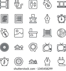 Thin Line Icon Set - elevator vector, alarm clock, tv, abacus, stamp, fireplace, film frame, vinyl, flame disk, gallery, ink pen, house with tree, power plug