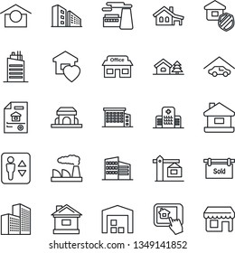 Thin Line Icon Set - elevator vector, factory, house, hospital, store, warehouse storage, office building, with garage, tree, estate document, sold signboard, sweet home, city, crane, insurance